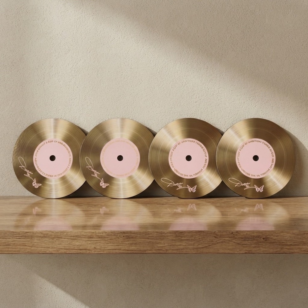 Dolly Parton Gold Record Coasters Set of 4 Pink Butterfly 9 to 5 Lyrics